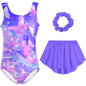 Idgreatim Girls Gymnastic Leotard Ballet Dance Dress Outfit with Removable Skirt Hair Scrunchie Combo 4-11 Years (Abutterflies Sparkly)
