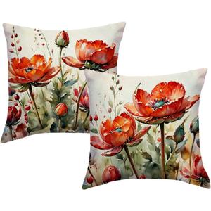Floral Poppy Throw Pillow Covers 18 x 18 Inch Nature Theme Cushion Covers Watercolor Art Home Decor Spring Summer Flowers Pillow Cases 2Pack for Sofa Couch Porch (Red Floral)