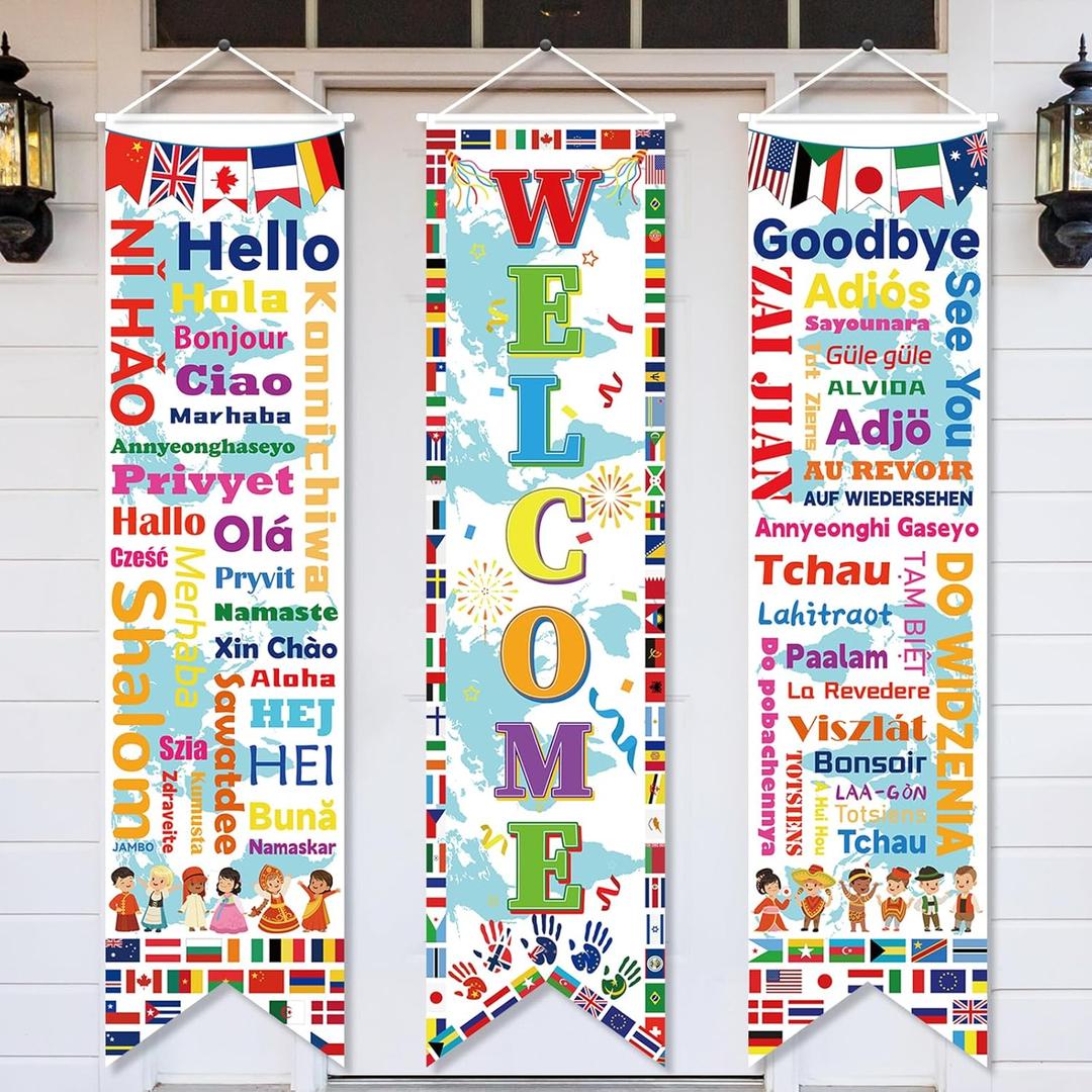 party greeting 3PCS International World Flags Decorations Country Flags of the World Banner Welcome World Porch Sign Banner Around the World Door Banner Soccer Sports Party Supplies Classroom Decors
