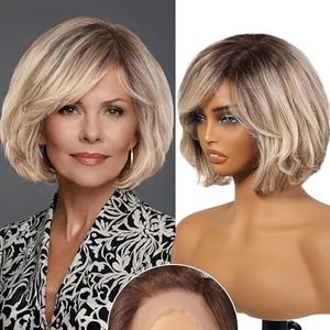 BLONDE UNICORN Ash Blonde Human Hair Wigs for Women,HD Lace Front Short Layered Wavy Bob Wig with Bangs 12 Inch