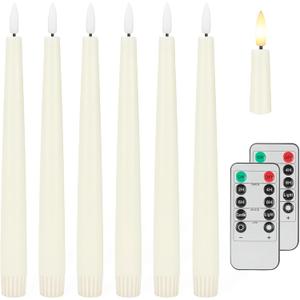 Flameless Taper Candles with 3D Wick, 9.6" Real Wax LED Candles with 2 Remote and Timer, 6 Pack Flickering Candlesticks Battery Operated, Classic Tall Taper Candle for Home, Wedding, Party, Ivory