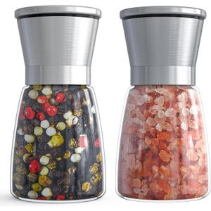 Salt and Pepper Grinder Set - Refillable Grinder Adjustable Coarseness of Pepper Salt Spice Stainless Steel Mills Glass 6oz2 Pack (2pcsSliver-1)