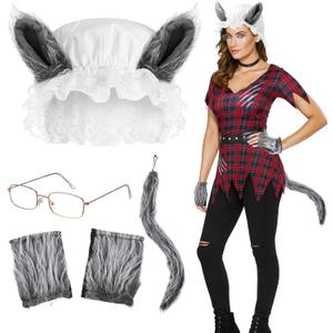 Haysandy 4 Pcs Wolf Granny Costume Set Big Wolf Hat Tail Claws Gloves Granny Glasses for Adult Werewolf Cosplay