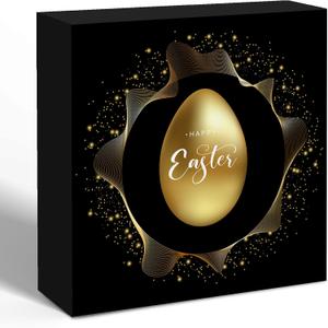 Gold Happy Easter Egg Wooden Box Sign Desk Decor, Luxury Black and Golden Easter Decorative Wood Signs for Home Office Desk Shelf Table Decorations, 5x5 Inch