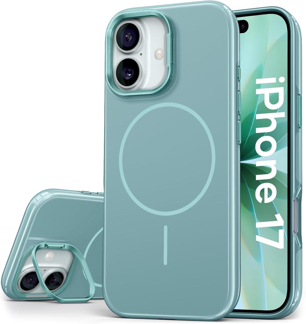 Vihibii for iPhone 17 Case with Adjustable Stand, [Compatible with Magsafe], Fade-Resistant Glow Stylish Slim, Shockproof Back & Silicone Edges Phone Cover Case for iPhone 17, 6.3" 2025, Teal Blue