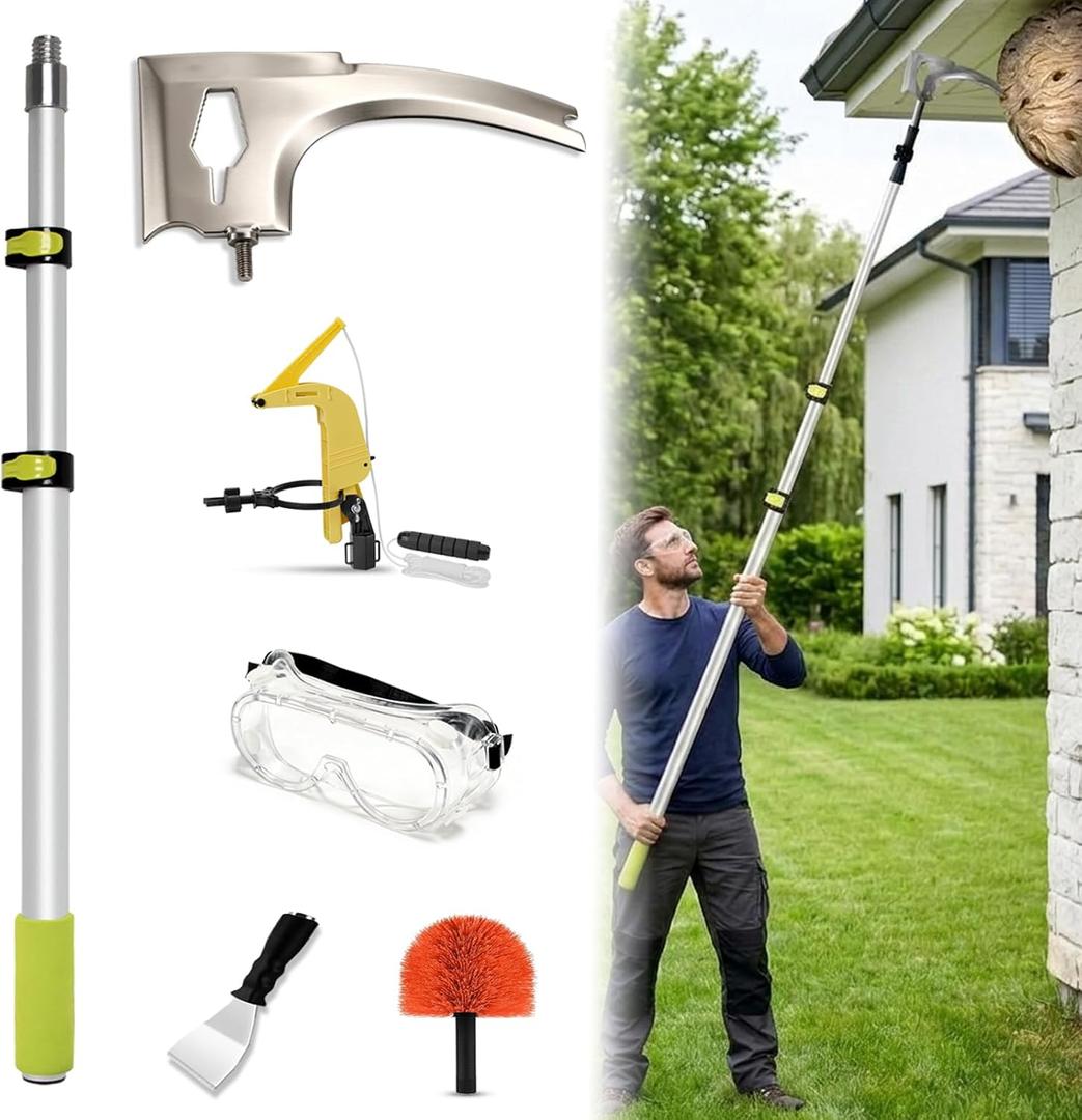 6-in-1 Wasp Nest Removal Tool Set with 113 In Aluminum Telescopic Pole、3Edged Blade, Spray Can Extension Pole Adaptor, Scraper, Cleaner Brush & Safety Goggles for Eradicating Bee Nests and Bird Nests