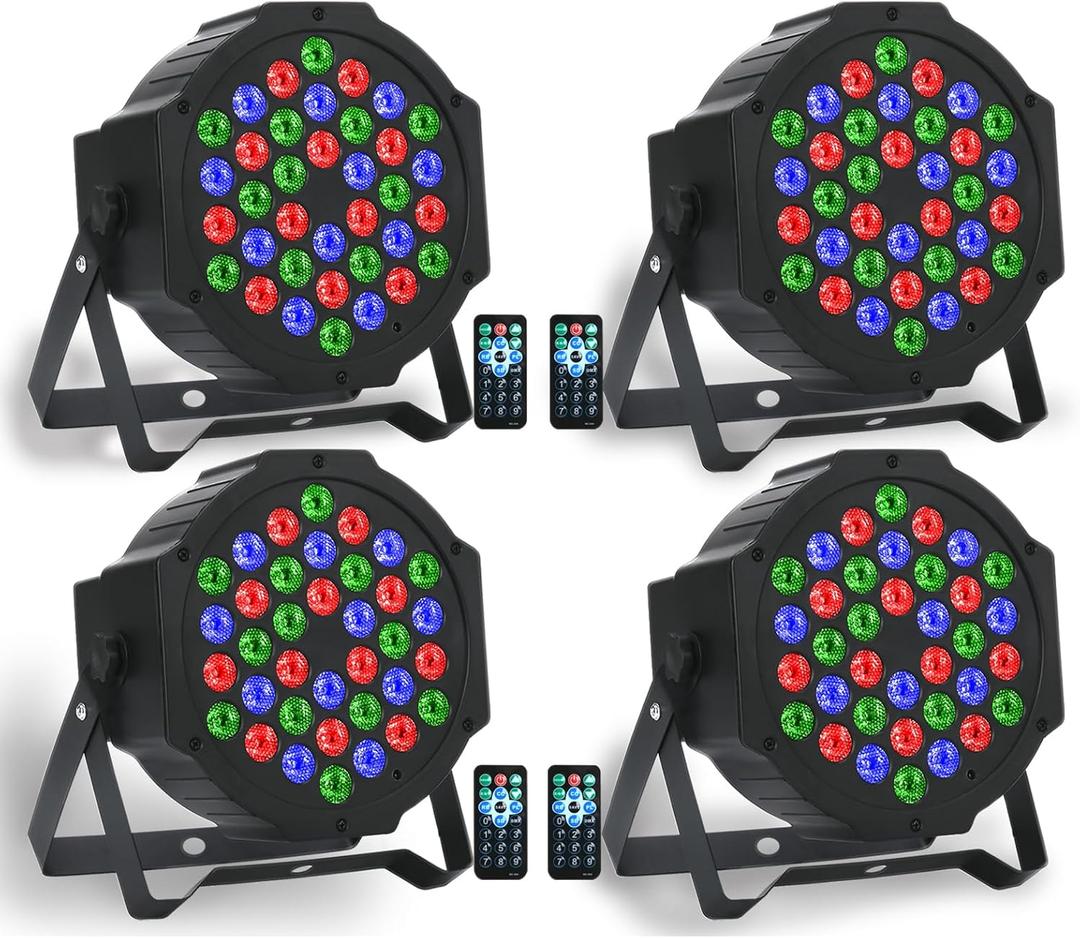 Dj Lights, 36 LED RGB Par Light Stage Lights with Sound Activated Remote & DMX Control Uplights for Weddings KTV Disco Christmas Party Lighting(4Pack)