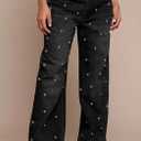 Tbahhir Sparkly Jeans for Women High Waist Wide Leg Bling Glitter Studded Baggy Denim Pants Trendy Trouser with Pockets (Black, XL)