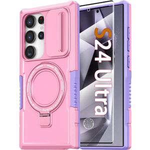 Magnetic Case for Samsung Galaxy S24 Ultra, with Ring Stand [Screen Protector] [Compatible with MagSafe] Military Grade Shockproof Case with Camera Cover, Protective Cover for Samsung S24 Ultra, Pink