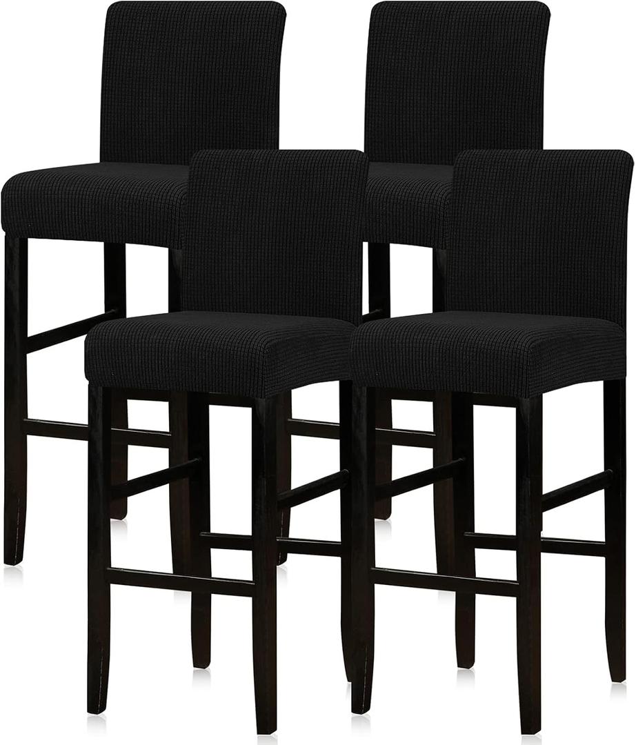 Lellen Bar Stool Covers Set of 4,Stretch Washable Bar Stool Seat Covers,Removable Bar Chair Covers with Backs,Counter Height Bar Stool Chair Covers for Kitchen Dining Room CafeBlack (Square Knit Black)