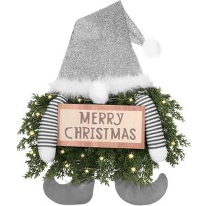 Christmas Lighted Wreath Gnome Xmas Gnome Door Wreath Artificial Santa Xmas Hanging Sign for Door Window Wall Decorations Farmhouse Christmas Home Decor(Silver)