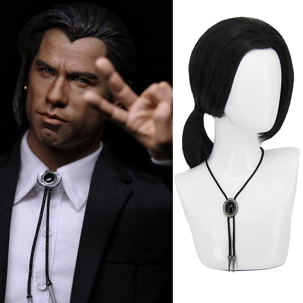 Mens Vincent Vega Wig Black Wig With Necklace for Vincent Vega Costume 70s Party Short Black Wigs for Party Halloween BU027BK1