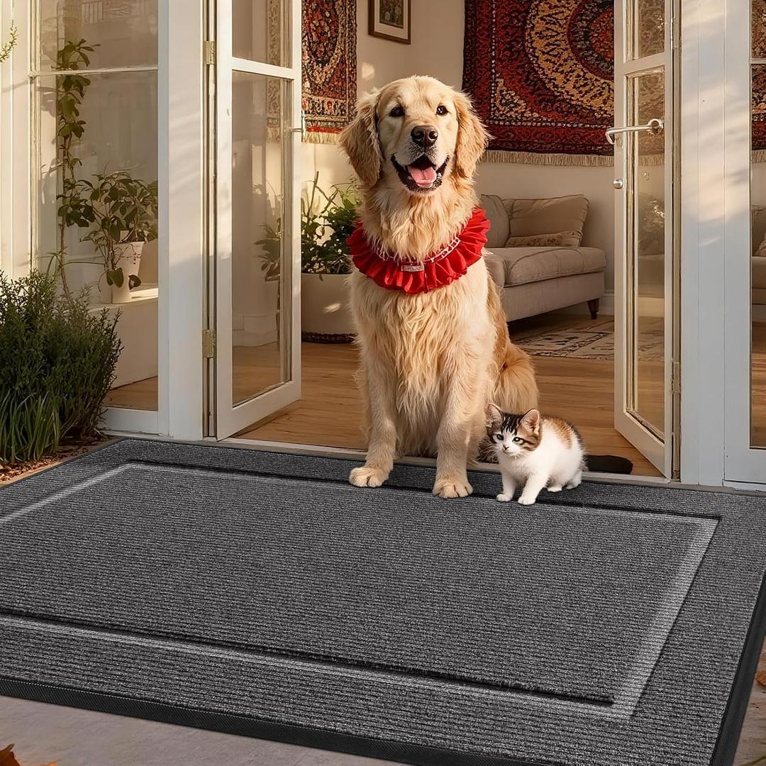 Large Front Door Mat Outside Entrance Indoor Doormat, 48" x 30" Outdoor Mats for Patio Waterproof, Outdoor Door Mats for Outside Entry, Indoor Rugs for Entryway, Sturdy Natural Rubber Entry Mat, Grey