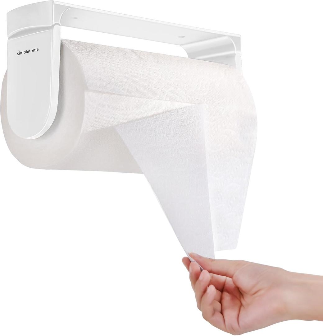 simpletome ONE Hand Tear Paper Towel Holder Under Cabinet Adhesive or Drilling Installation Aluminum Alloy + ABS (White)