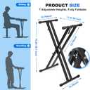 Height Adjustable Keyboard Stand With Quick Release Mechanism - Double X Foldable Heavy Duty Instrument Stand With Locking Straps for 54-61-88 Key Electronic Pianos