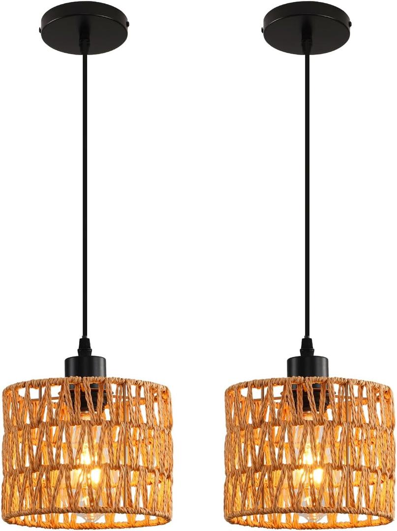Woven Pendant Light Boho Chandelier, Rattan Pendant Lights Kitchen Island, Farmhouse Pendant Lighting with Hand Woven Wicker Shade, Boho Chandelier Light Fixtures Ceiling Hanging Light (2 Pack Brown)