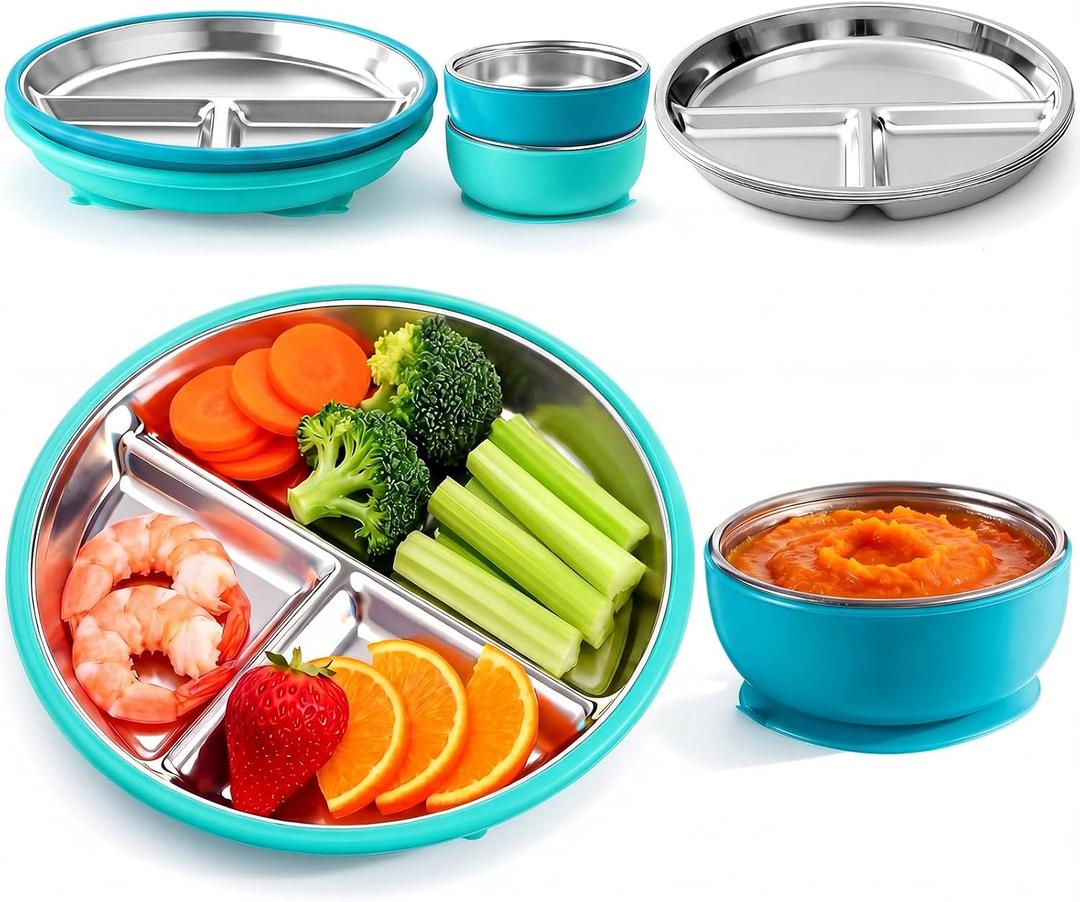 Havawish 4 Pcs Stainless Steel Baby Plate and Bowl with Suction, 8.3" Kid Divided Plate 4" Toddler Bowl with Removable Silicone, BPA-free Non-slip Baby Feed Set Dishwasher Safe for Boy Girl (Cyan)