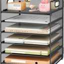 Subekyu 6 Tier Paper File Tray Organizer for Desk, Black Mesh Desk Letter Paper File Folder Accessories Sorter Organizer with Handle, Stackable Slide Tray for Office, Home or School Supplies Storage