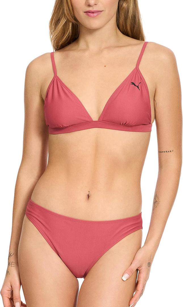 Puma Women's Triangle Bikini Top & Bottom Swimsuit Set (Medium, Dark Pink)