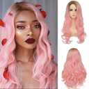 Pink Wigs for Women Dark Roots Hairs Long Curly Wavy Light Pink Loose Natural Wig Synthetic Cosplay Wigs
