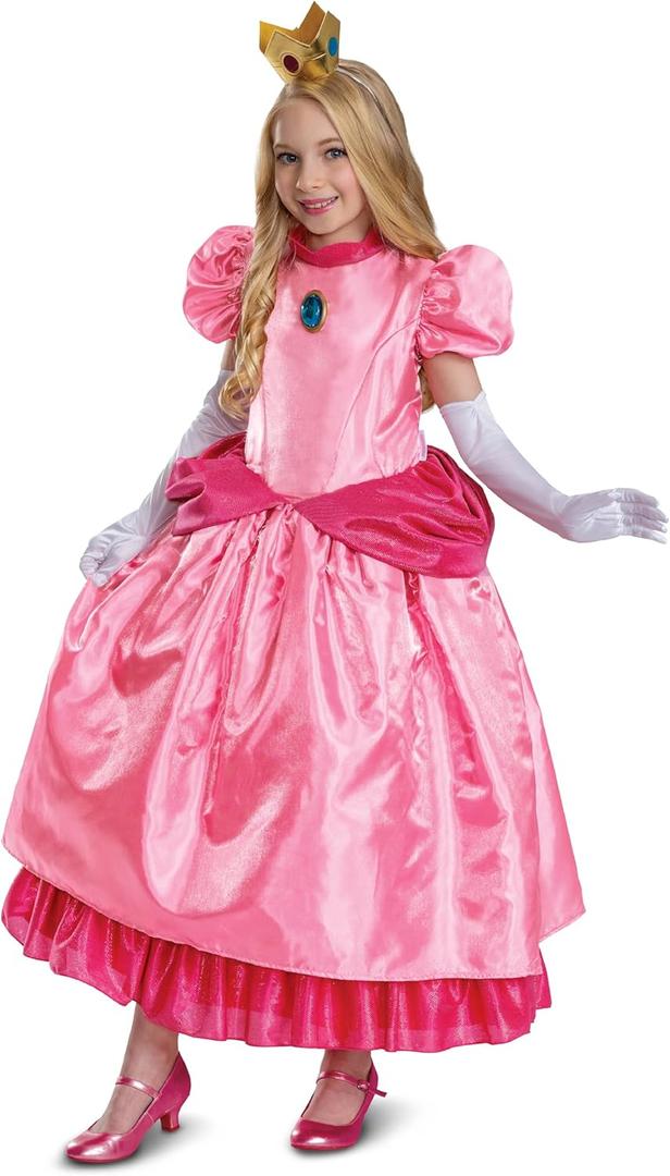 Disguise Girls Princess Peach Elevated Costume, Official Nintendo Super Mario Peach Costume With Crown and Gloves for Kids (M (7-8))