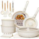 Astercook Ceramic Nonstick Cookware 21 Pcs Pots and Pans Set, Detachable Handle, RV Kitchen Non Stick Cooking Set Removable Handles, Oven Safe, Induction Ready, Stackable, Cream White