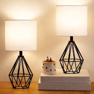 Small Table Lamp Set of 2 Black, Bedside Lamps with White Fabric Shade, Cute Desk Lamp with Metal Cage & Linen Lampshade, Modern Nightstand Lamp for Bedroom, Living Room, Kids Room, Office