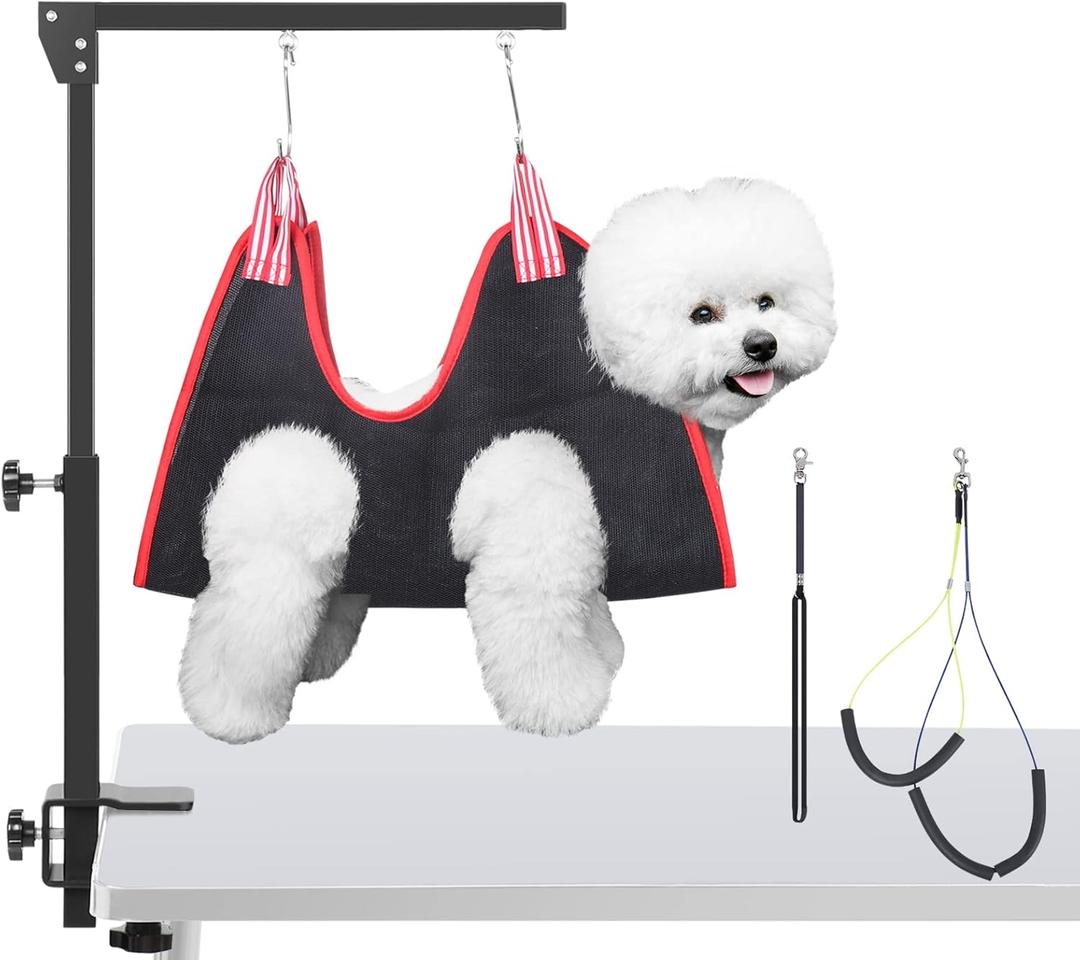 Dog Grooming Arm with Clamp and Grooming Hammock, 36" Height Foldable Dog Grooming Table Arm with No-Sit Holder and Loop Noose, Dog Grooming Stand for Small Medium Dogs at Home or Salon