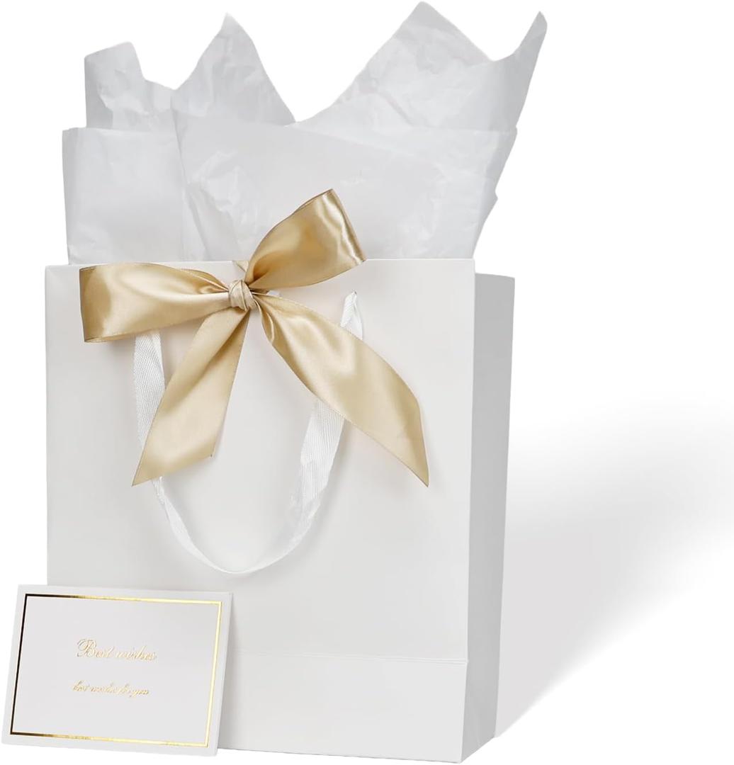 Aosric White Gift Bags with Tissue Paper, Ribbon & Greeting Card, 2 Pack Medium Size 10x4.5x11 In Reusable Gift Bag for Wedding, Baby Shower, Birthday Party Favor, Return Gifts