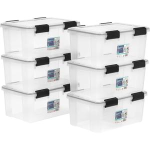 IRIS USA WeatherPro 19 Qt Storage Bins with Lids, 6 Pack, BPA-Free Plastic Gasket Box with Tight Latch and Seal, Stackable Nestable Tote Tub - Clear/Black