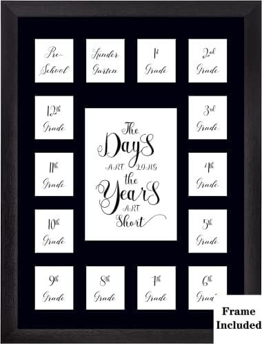 Comtraker School Year Picture Frame Pre K-12 Collage Photo Display Graduation Black Solid Wood Frames for Wall Hanging and Table Top Display 15 Opening Black Mat- The Days Are Long- Pre School to 12th