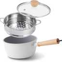 ROCKURWOK Ceramic Nonstick Sauce Pan, 3 QT Pot with Steamer, Non Toxic & PFAS-Free, Wooden Handle for Cool Touch, Universal Base(Gas, Electric & Induction), White