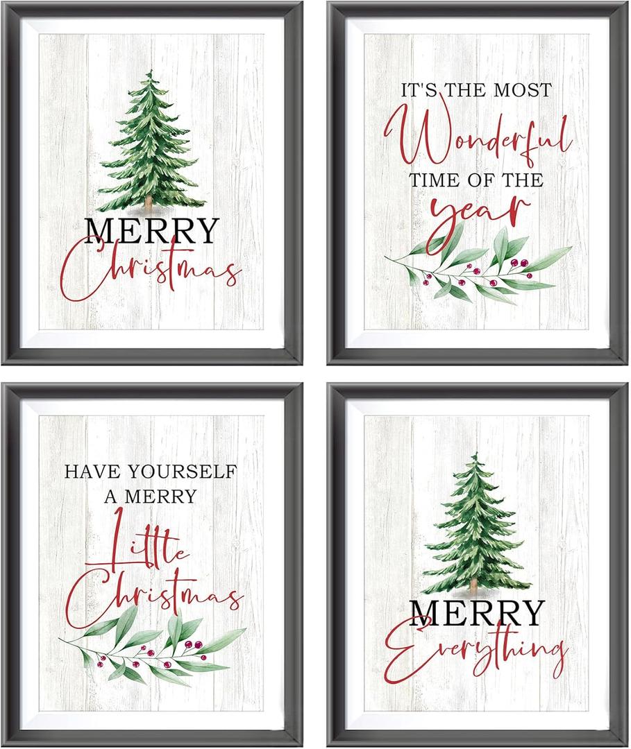 AEHIE Its The Most Wonderful Time of The Year Christmas Wall Art,Pine Tree Pictures Poster Prints for Office Farmhouse Bathroom Decor,Merry Christmas Themed Decor Wall Art Unframed 4pcs (12x16 in)