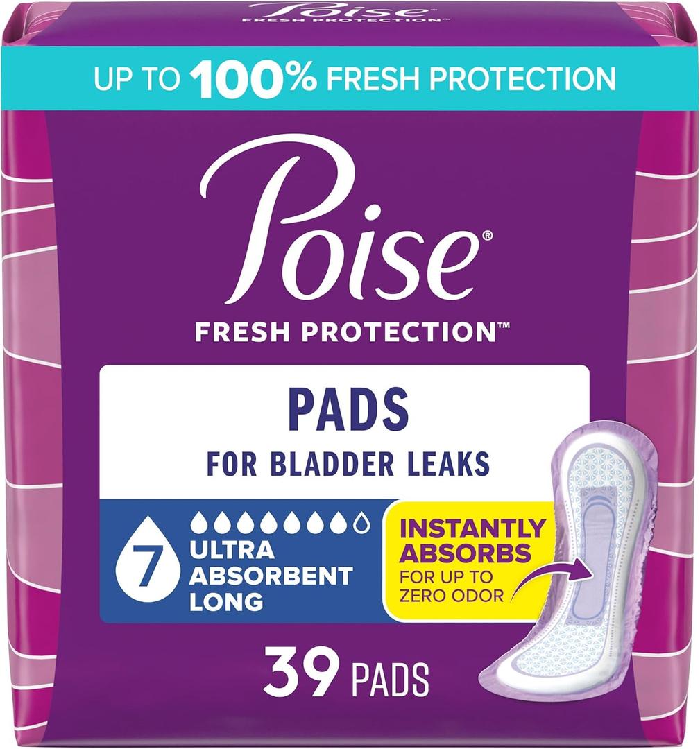 Poise Incontinence & Postpartum Pads for Bladder Leaks, 7 Drop Ultra Absorbency, Long Length, 39 Count