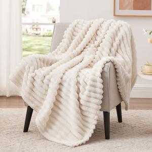 EXQ Home Fleece Throw Blanket for Couch or Bed - 3D Stripe Jacquard Decorative Blankets - Cozy Soft Lightweight Fuzzy Flannel Blanket Suitable for All Seasons (50"60",Beige)