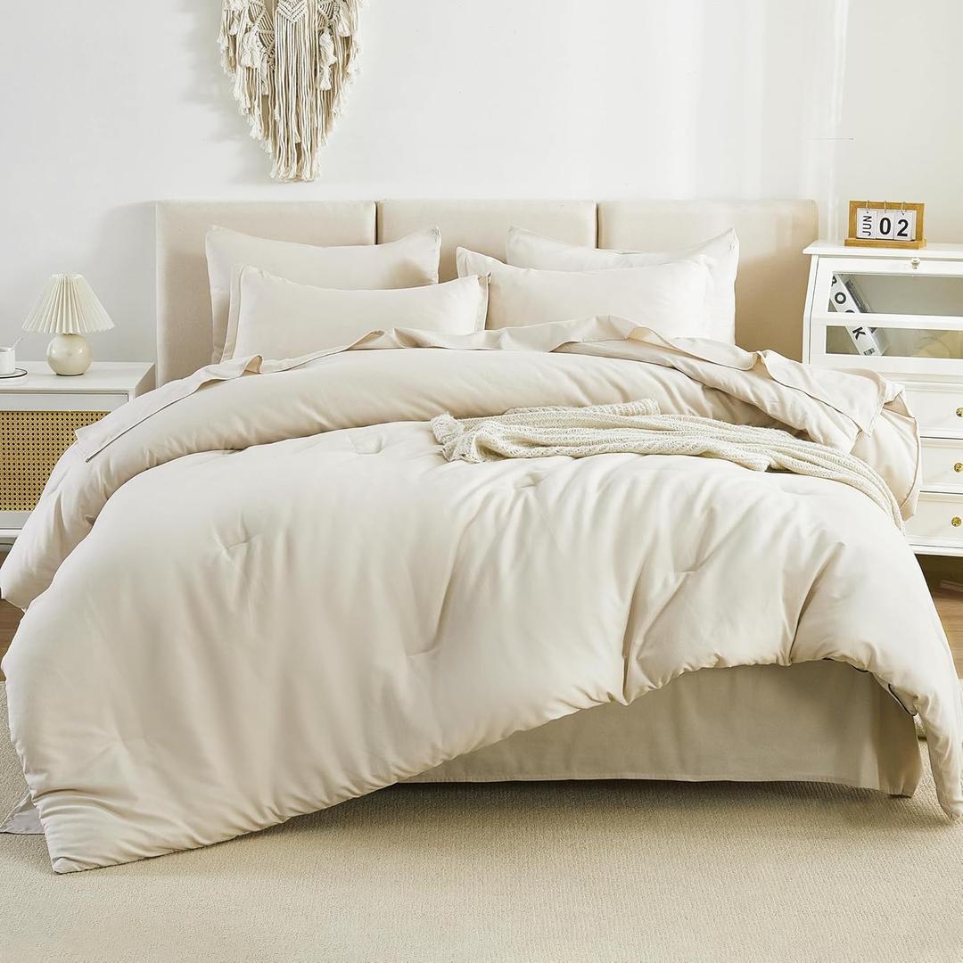 Litanika Super King Comforter Sets Beige - 7 Pieces Bed in a Bag Oversized King Bedding Comforter Sets, Solid Lightweight Bed Set with Comforter, Sheets, Pillowcases & Shams