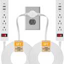 Split Extension Cord 12FT, Twin Flat Plug Power Strip with 6 AC Outlets and 6 USB Ports, 3 Prong Double Extension Cord for Behind Bed, Couch, Nightstands, Vanity and Furniture