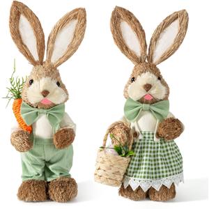 Set of 2 Easter Decorations 13.8" Rustic Straw Bunny Couple Tabletop Decor, Farmhouse Easter Bunny Figurines with Carrot, Vintage Rabbit Statues Ornaments, Spring Easter Home Decor