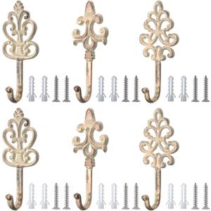 6 Pieces Shabby Chic Cast Iron Decorative Wall Mounted Hooks Retro Hanging Rustic Wall White Bathroom Towel Hooks with Screws and Anchors for Hanging Coat Towel, 3.15 x 7 Inch