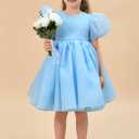 LalaMira Flower Girl Dress Organza Toddler Dresses Puff Sleeve & Bow Bcak Girls Princess Dress for Wedding Birthday Party Blue-12M