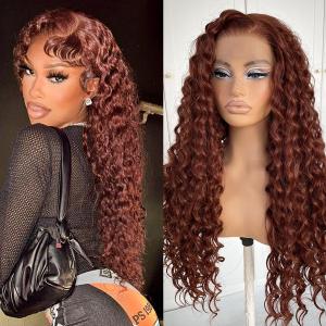 13x6 Reddish Brown Lace Front Wig Glueless Deep Wave Wig Pre-Plucked Red Color Kinky Curly Wig Synthetic Wear And Go Lace Front Wig
