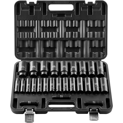 VEVOR Impact Socket Set, 26pcs x 1/2inch Metric 10mm-36mm Impact Sockets, 6-Point Deep Socket Rugged Construction High-torque, Cr-V 1/2 Inches Drive Socket Set Impact with a Storage Cage
