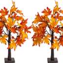Dazzle Bright 2 Pack 24 Inch Lighted Thanksgiving Fall Maple Tree Decor, 24 LED Battery Operated Decorations Artificial Tree with Timer for Indoor Home Room Holiday Xmas Party