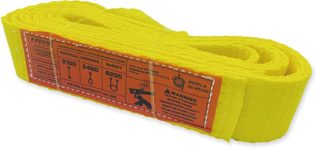 1-Ply Webbing Sling 2x 8ft Lifting Straps 1Pack Heavy Duty Web Strap Rigging Moving Towing Hoisting Gear KODIAK STRAPS