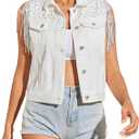 Women's Pearls Beading Denim Vest Sleeveless Sequin Fringe Jean Vest Western Cowgirl Outfit Tops (M)
