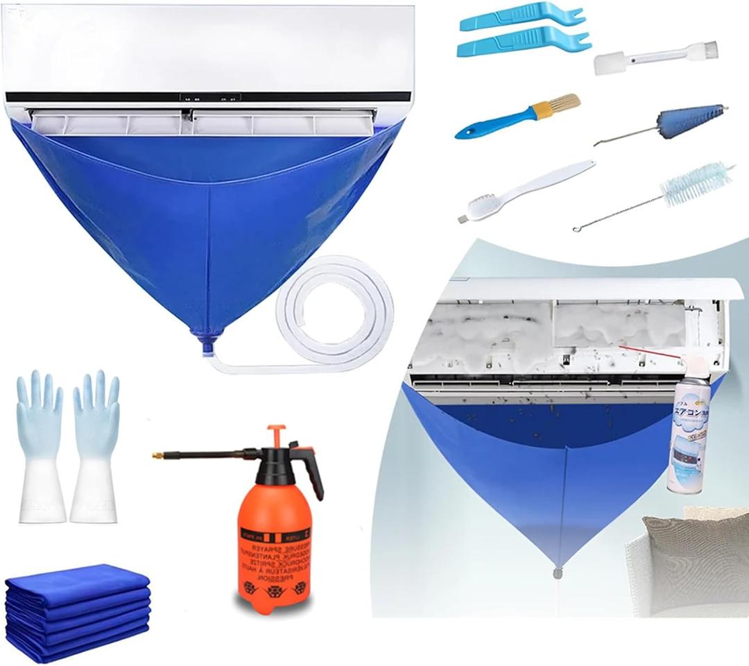 Mini Split Ac Cleaning Kit,Air Conditioner Cleaning Cover Waterproof Air Conditioning Cleaning Bag with Drainpipe and Support Plates,Wall Mounted Dust Washing Ac Clean Protector Kit (11PCS, Small)