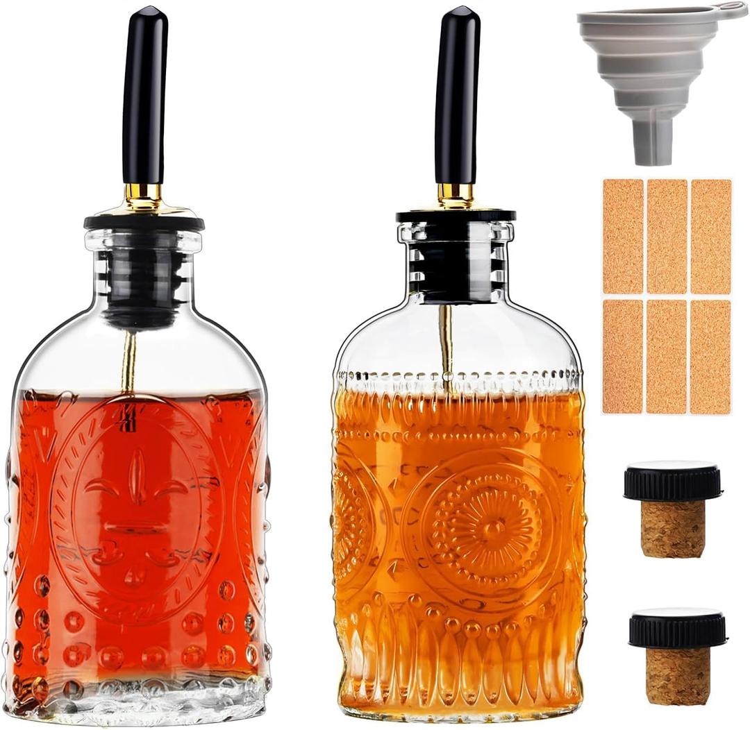 Glass Coffee Syrup Dispenser Bottles Set 2 Pack 7 OZ, Simple Syrup Bottles with Metal Pour Spout, Syrup Dispenser for Coffee Bar Accessories for Maple Honey Syrup Oil and Sauces