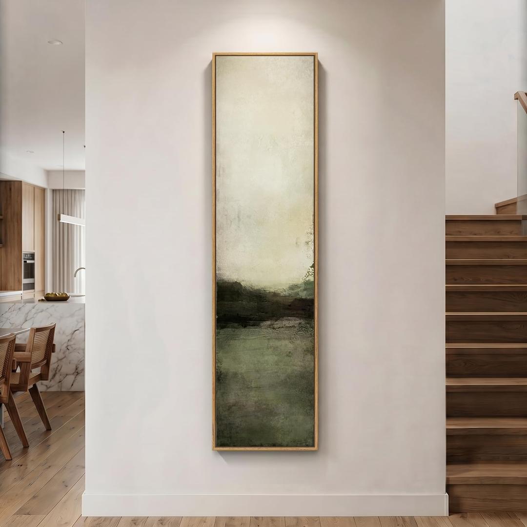 Framed Long Narrow Abstract Green Neutral Rustic Vertical Wall Art, 14x56