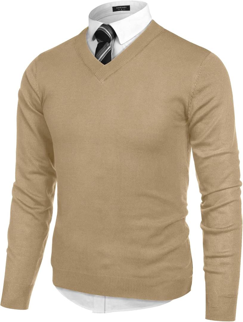 COOFANDY Mens V Neck Dress Sweater Knit Long Sleeve Slim Fit Sweaters Fashion Pullover Sweater (Medium, Cream-colored)