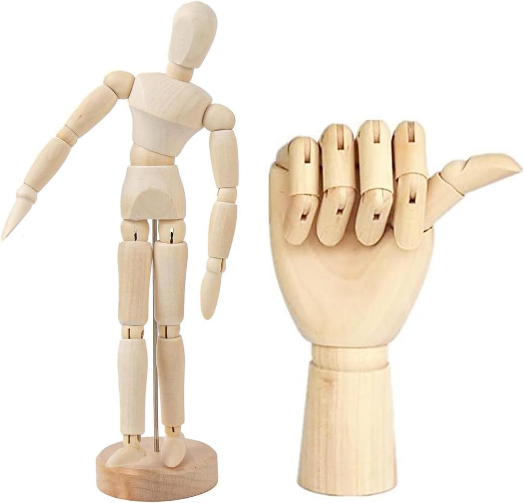 2 Pack 8" Drawing Mannequin,7" Little Hand Model,Artists Wooden Drawing Figure Animation Dolls Figure Supplies Stop Motion Art Manikin Poseable Drawing Tools for Decor,Painting,Sketching,Gifts